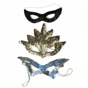 Vintage 90s Set of 3 Sequin masks in black, gold, and silver